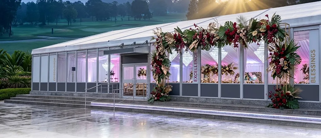 Tropical floral installation across the marquee frontage