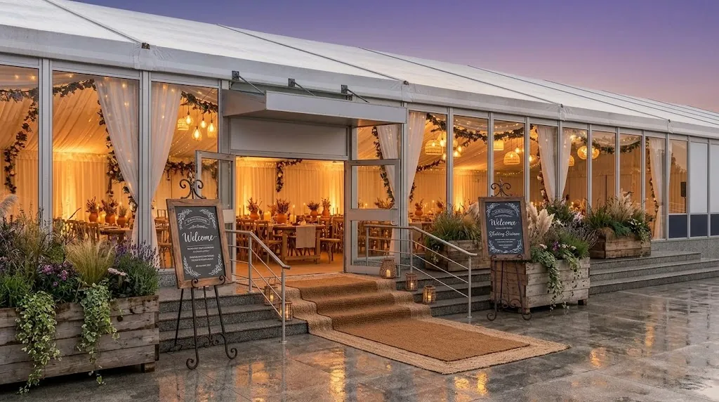Warm rustic evening set-up with welcome signs at the entrance
