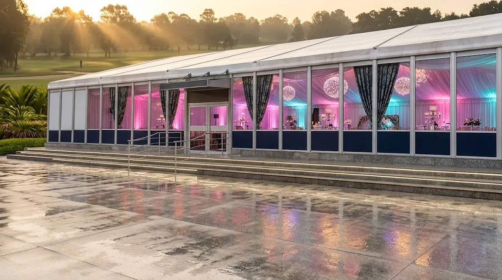 The marquee glowing at sunrise with colourful interior lighting